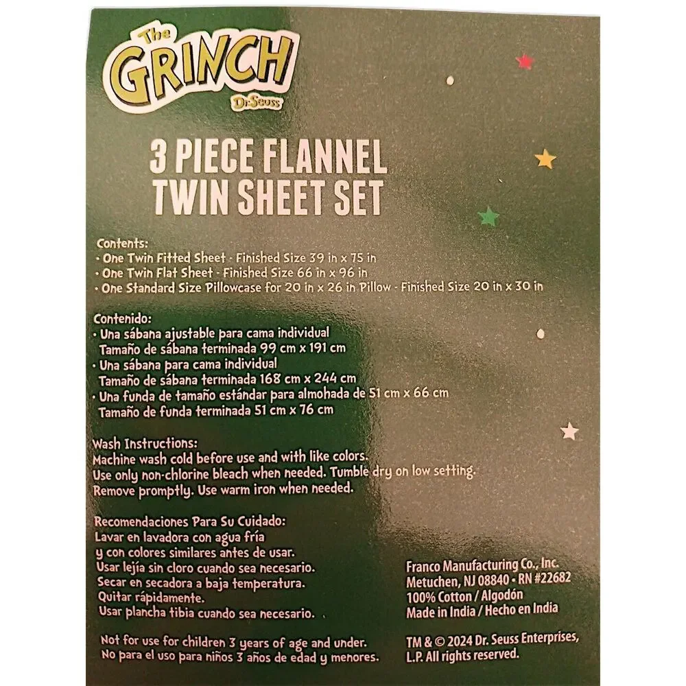 THE GRINCH Christmas SHEET Set TWIN Flannel 100% Cotton 3‎ Pc Holiday Warm New
